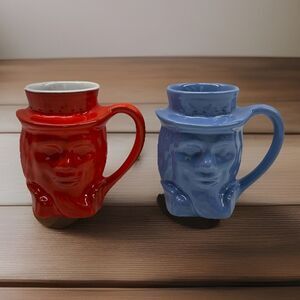Vintage 1976 Frankoma Uncle Sam Toby Mugs Set of 2 Blue and Red